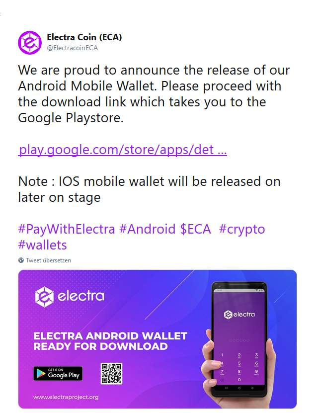 Electra (ECA) released their mobile wallet!